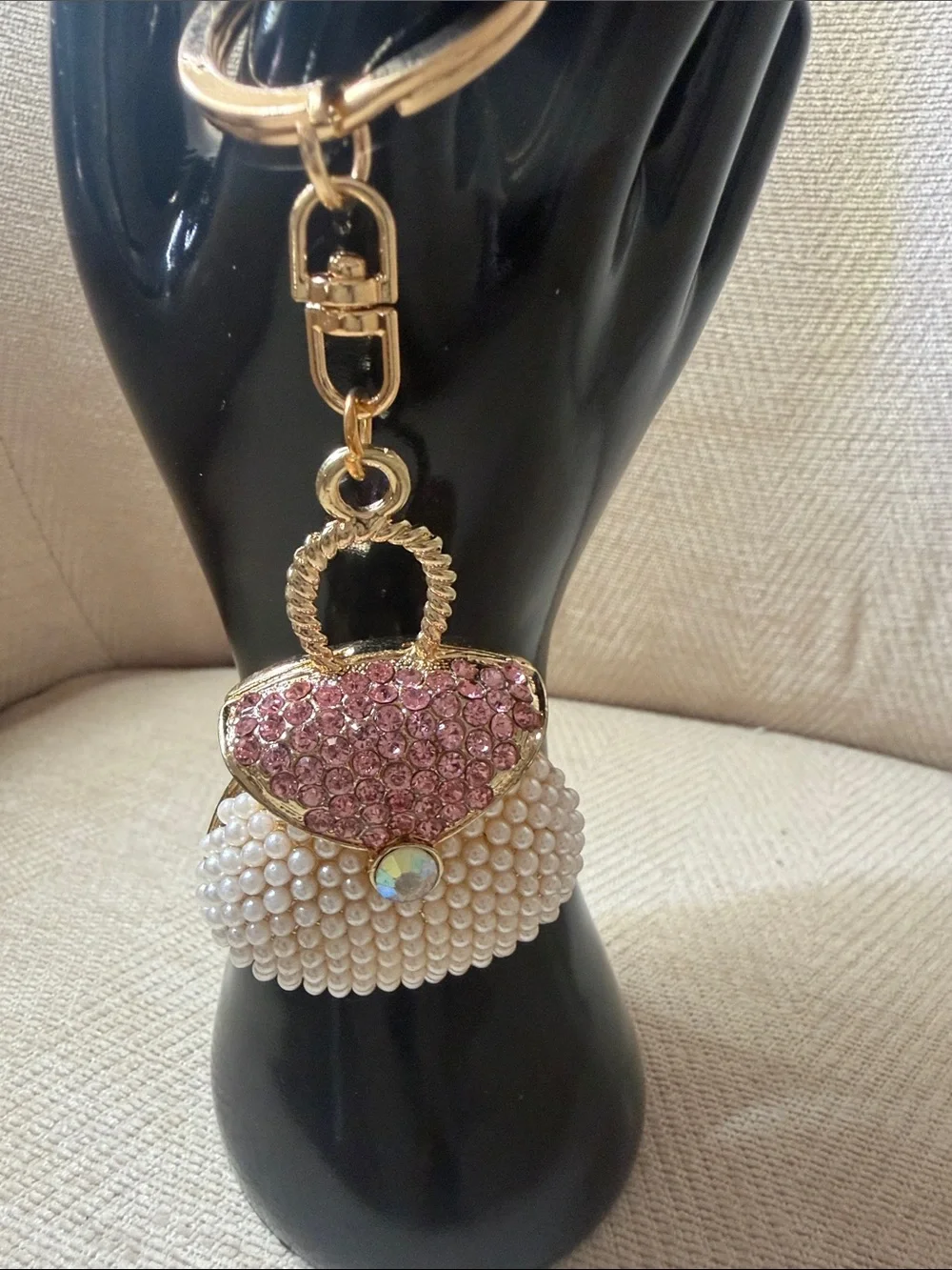 Gold Keychain Purse Charm with Pink Rhinestones and Pearls